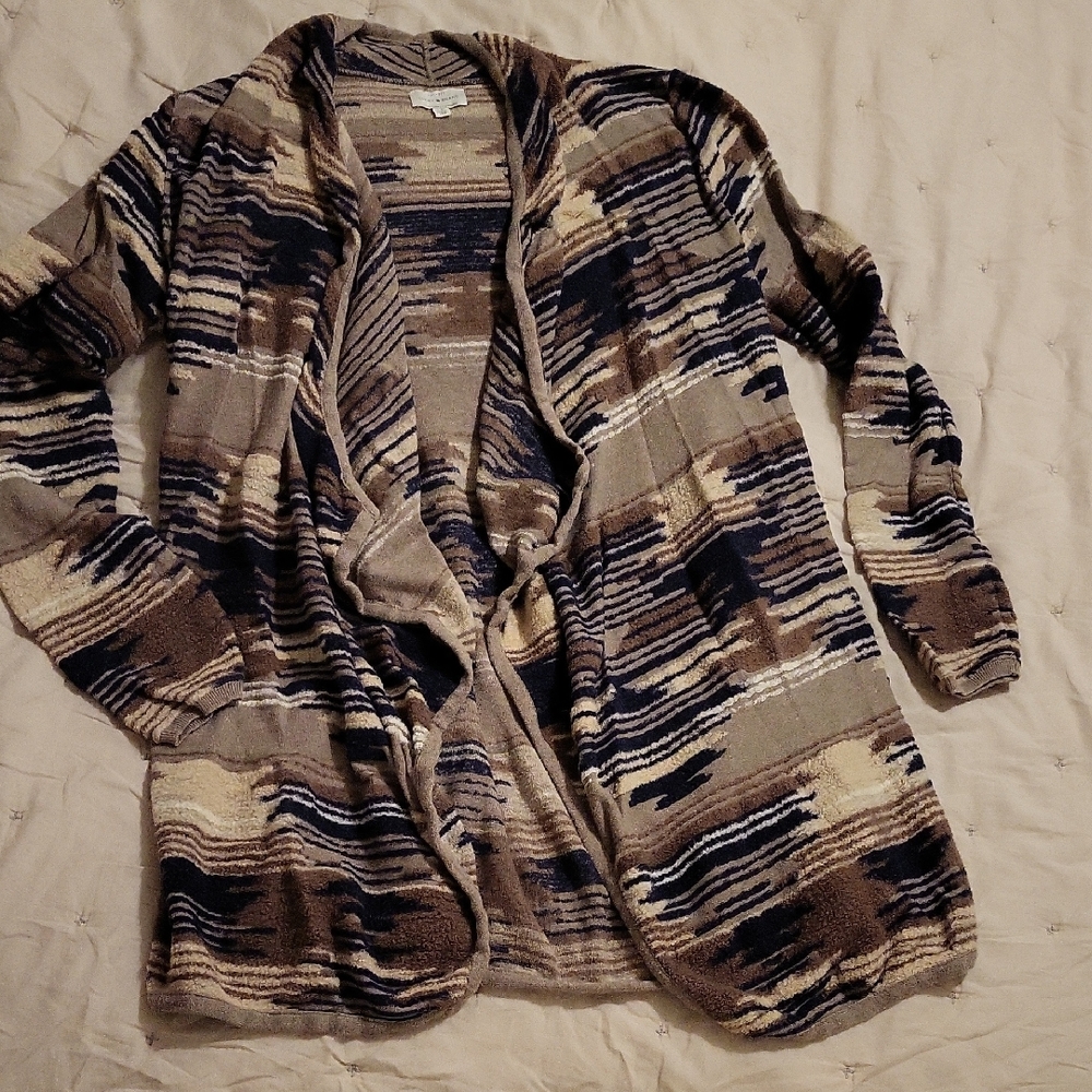 Lucky Brand Open-Front Southwest Stripe Knit Cardigan - Tan/Black Large